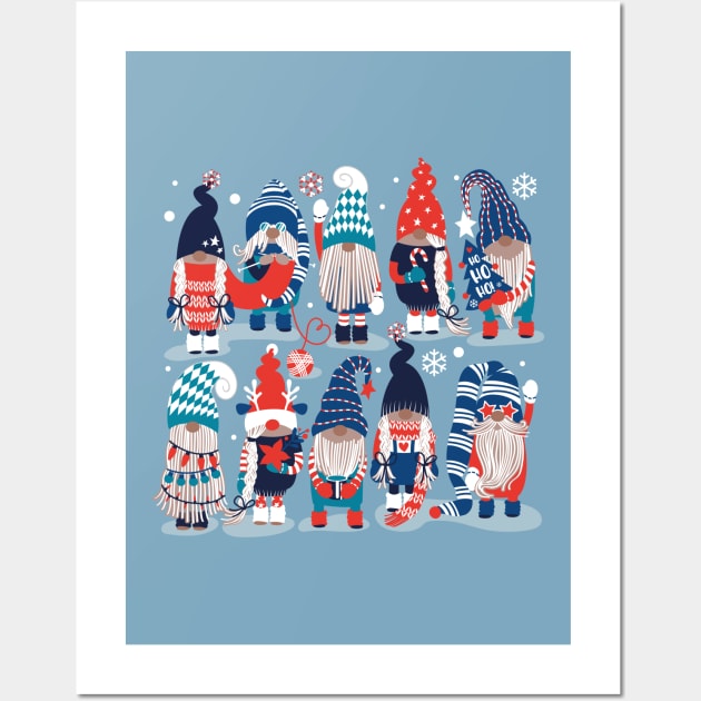 Let it gnome // spot // blue background little Santa's helpers preparing for Christmas neon red classic oxford and pastel blue dressed gnomes Wall Art by SelmaCardoso